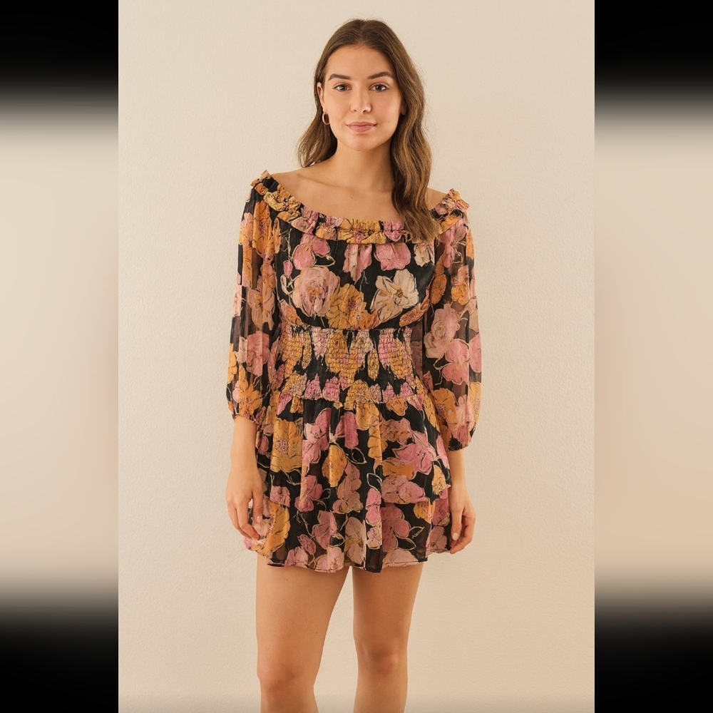 Pink Lilly Fall Floral Off-Shoulder Romper Dress Size Small Black Pink & Orange - Picture 1 of 6
